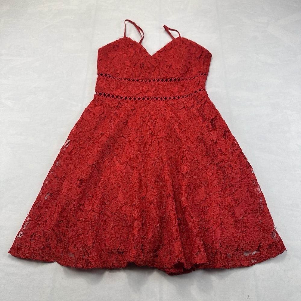 Mi Ami Women's S Red Lace Fit Flare Dress Spaghetti Strap Cutout